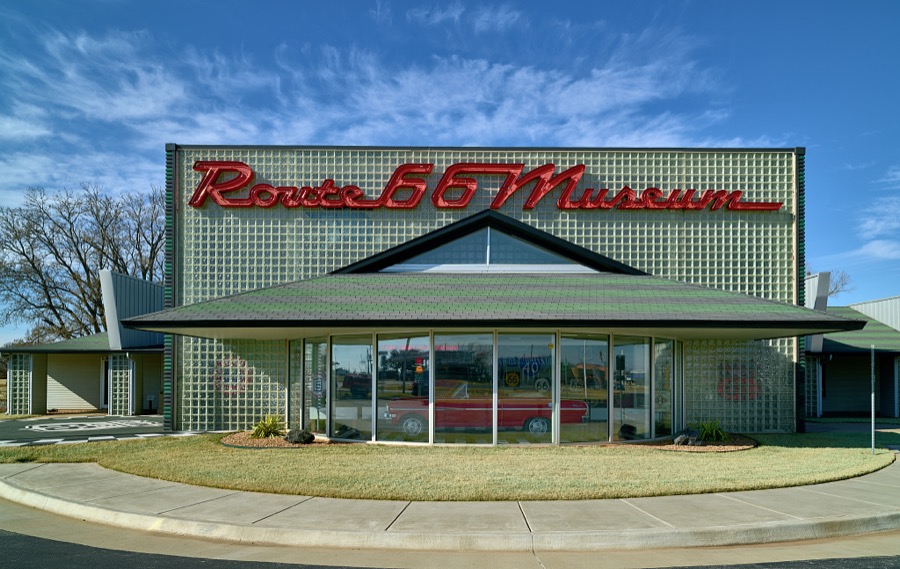 The Route 66 Museum, operated by the Oklahoma Historical Society, on a stretch of the old Chicago-to-Santa Monica U.S. Highway 66 as it runs through Clinton, Oklahoma