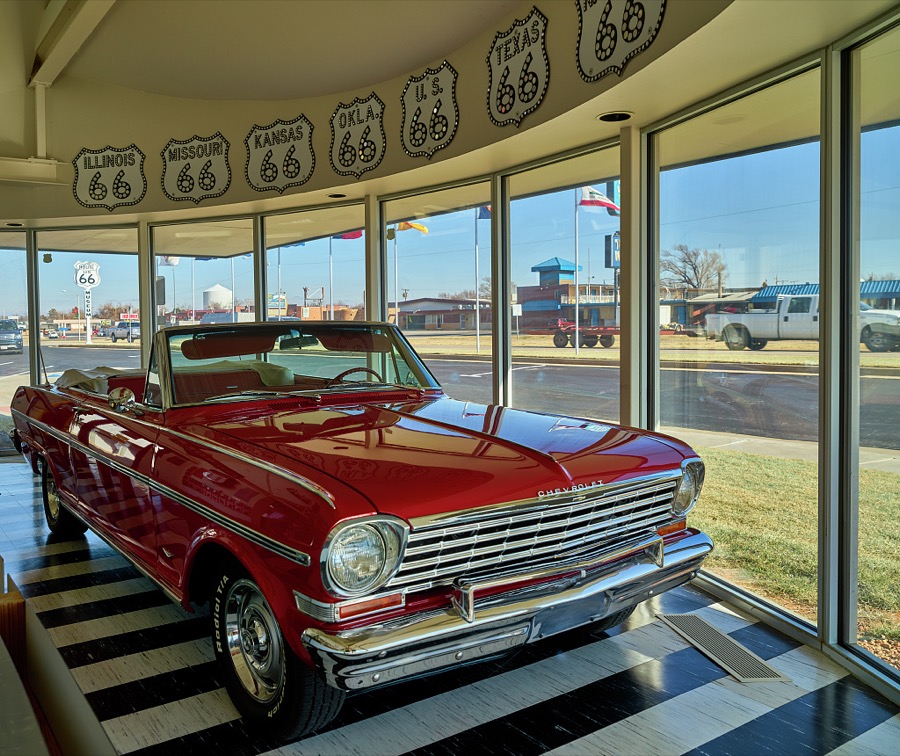A classic 1963 Chevy Nova convertible, displayed at the Route 66 Museum, operated by the Oklahoma Historical Society, on a stretch of the old Chicago-to-Santa Monica U.S. Highway 66 as it runs through Clinton, Oklahoma