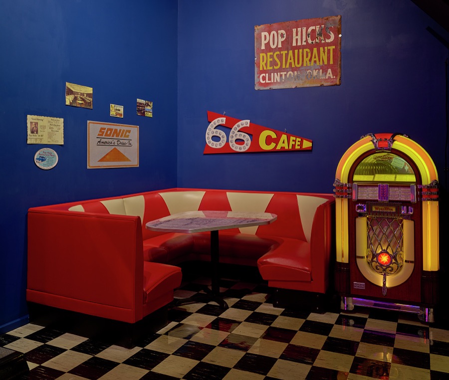 A classic diner-and-jukebox scene re-created at the Route 66 Museum, operated by the Oklahoma Historical Society, on a stretch of the old Chicago-to-Santa Monica U.S. Highway 66 as it runs through Clinton, Oklahoma