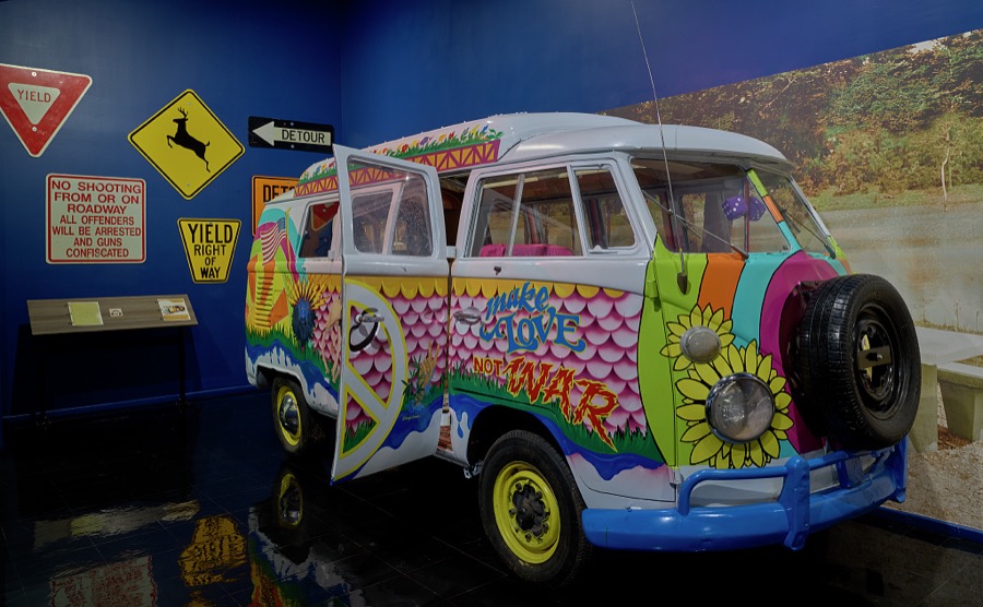 A classic "hippie"-era Volkswagen bus, displayed at the Route 66 Museum, operated by the Oklahoma Historical Society, on a stretch of the old Chicago-to-Santa Monica U.S. Highway 66 as it runs through Clinton, Oklahoma