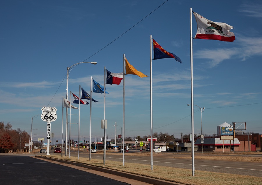 Procession of U.S. state flags outside the Route 66 Museum, operated by the Oklahoma Historical Society, on a stretch of the old Chicago-to-Santa Monica U.S. Highway 66 as it runs through Clinton, Oklahoma