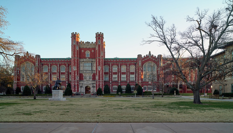 Evans Hall, the administration building at University of Oklahoma in Norman, a prominent suburb of the Oklahoma capital city of Oklahoma City