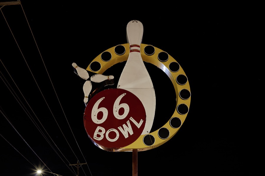 The venerable "66 Bowl" sign is still, as of 2020, to be found on the U.S. Highway 66, but not in its longtime location