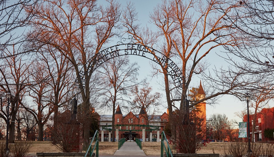 Campus view at Northeastern State University in Tahlequah, Oklahoma, which was the capital of the Cherokee Nation established in the 19th Century after the forcible relocation to what was then "Indian Territory" from their original homelands in eastern U.S. states