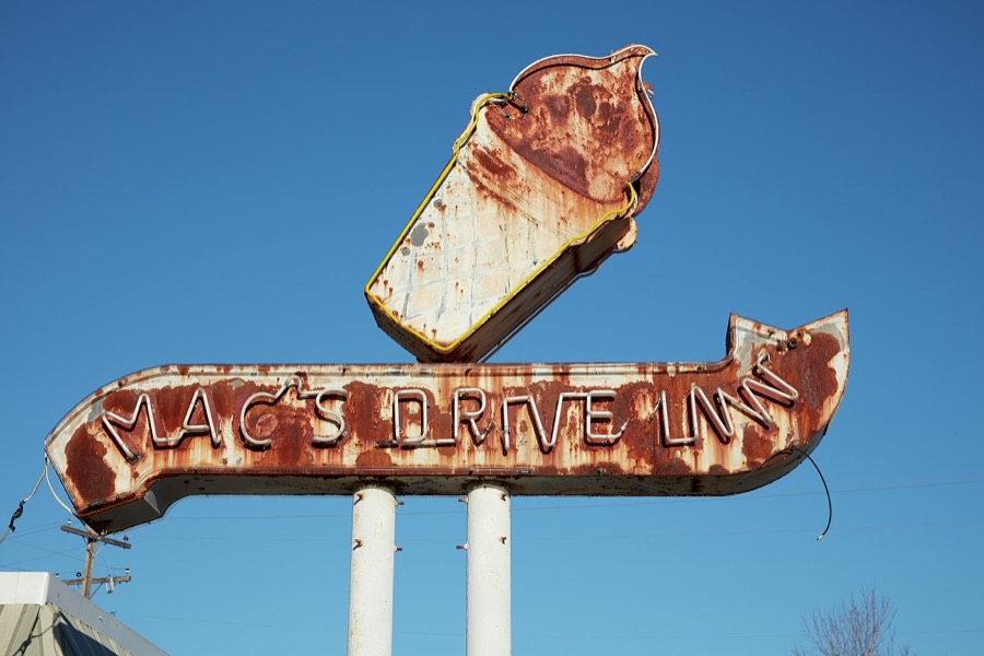 Rusty sign at Mac's Drive-In restaurant in the town of Fort Gibson, Oklahoma, which shares its name with an American fort of the same name