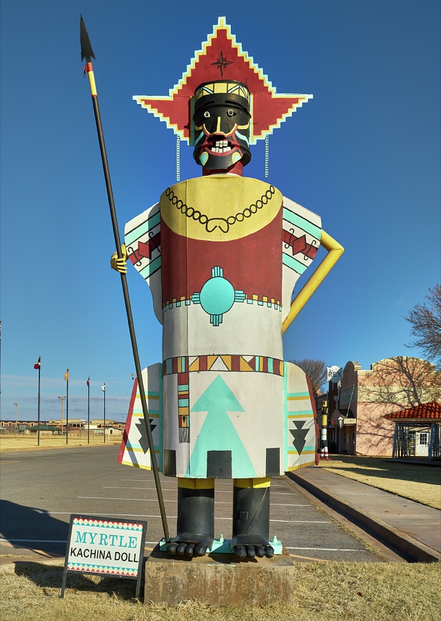 A huge kachina doll figure with the name "Myrtle" at the National Route 66 Museum in Elk City, Oklahoma, along the historic "Mother Road" that ran (and still does in limited stretches) from Chicago, Illinois, to Santa Monica, California