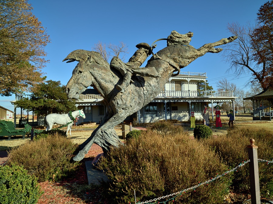 T. D. Kelsey's metal-art sculpture of Commotion, a world-renowned bucking bronco (and his unfortunate rider) at the National Route 66 Museum in Elk City, Oklahoma, along the historic "Mother Road" that ran (and still does in limited sections) from Chicago, Illinois, to Santa Monica, California