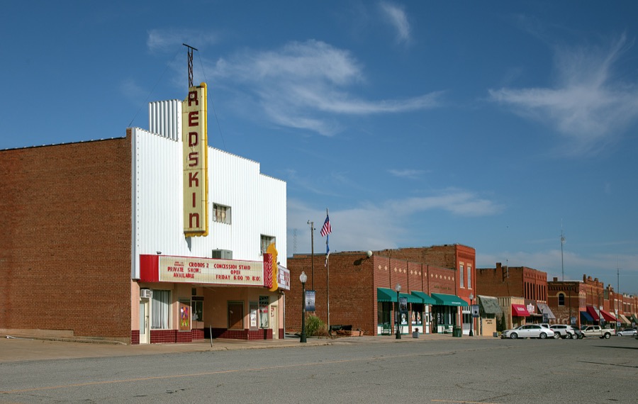 Downtown scene, with the Redskin Theatre in the foreground, in Anadarko, a small city in southwest Oklahoma that is the home of the Apache Tribe