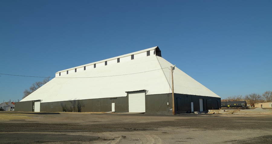 An enormous grain storage building in the western Oklahoma community of Elk City