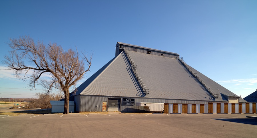 A large agricultural storage building in the western Oklahoma city of Clinton