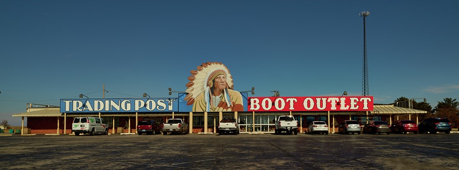 A large Indian chief figure dominates the Trading Post Boot Outlet in the western Oklahoma city of Clinton