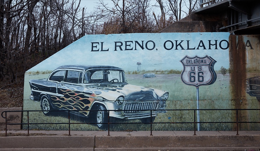 Charles Small's mural on a U.S. Route 66 underpass in El Reno, a small city in central Oklahoma, west of the capital of Oklahoma City, depicts three American classic cars from the 50's and 60's with only one visible here