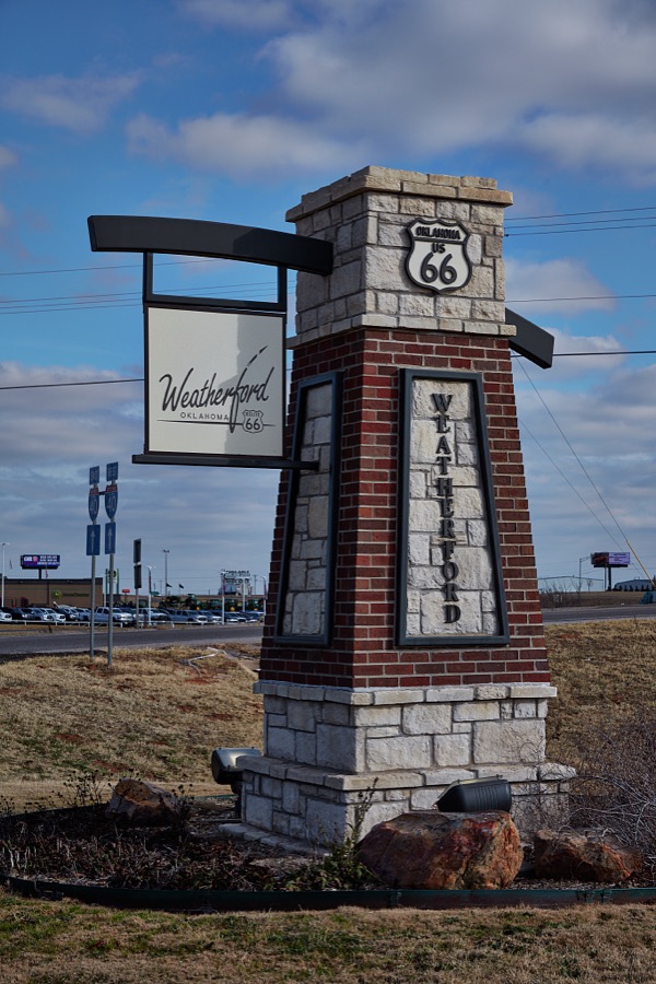 Welcome gateway in Weatherford, Oklahoma, referencing old U.S. Highway 66, parts of which still run through the city