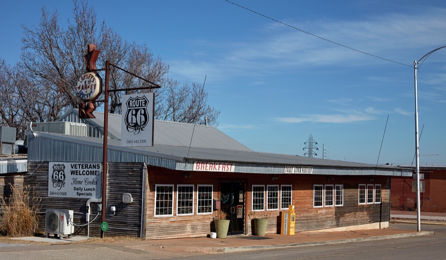 The Route 66 Cafe in Clinton, Oklahoma, along the old road that ran, and still (as of 2020) runs in some segments, from Chicago, Illinois, to Santa Monica, California
