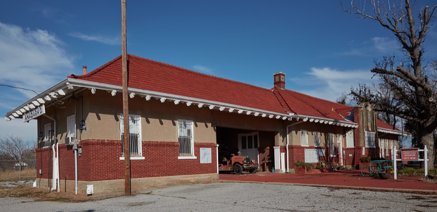 The elegant former Rock Island Railroad depot, now (as of 2020) a local museum in Anadarko, a small city in southwest Oklahoma that (as of 2020) has been struggling with dropping population, increasing unemployment and a downturned local economy