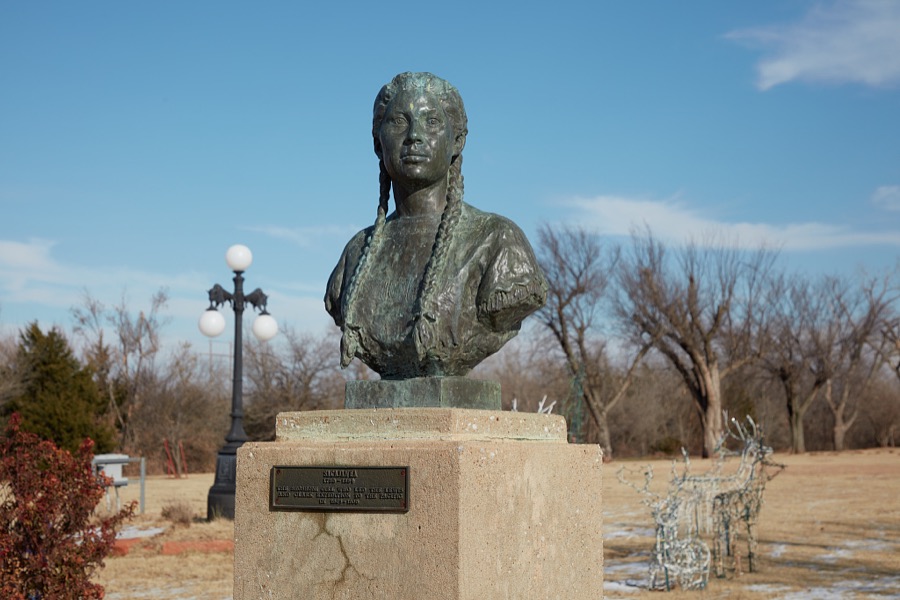 Bust of Sacagawea, the Shoshone girl who guided explorers Meriwether Lewis and William Clark on their "voyage of discovery" throughout the Northwest following the Louisiana Purchase in 1803 that brought young United States millions of acres of new land