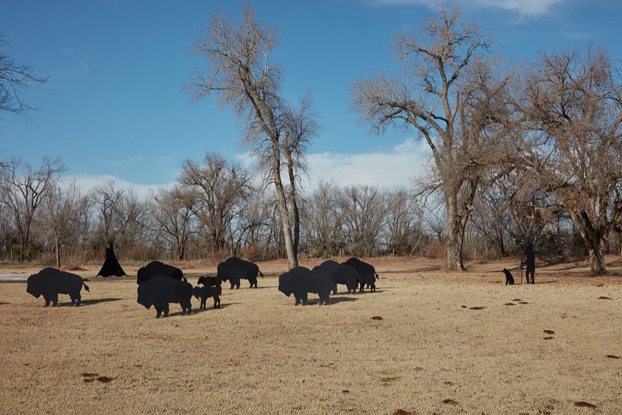Metal-art buffalo (or American bison) silhouettes on the grounds between the Southern Plains Indian Museum and the National Hall of Fame for Famous American Indians in Anadarko, a small city in southwest Oklahoma that includes the headquarters of the Apache Tribe of Oklahoma
