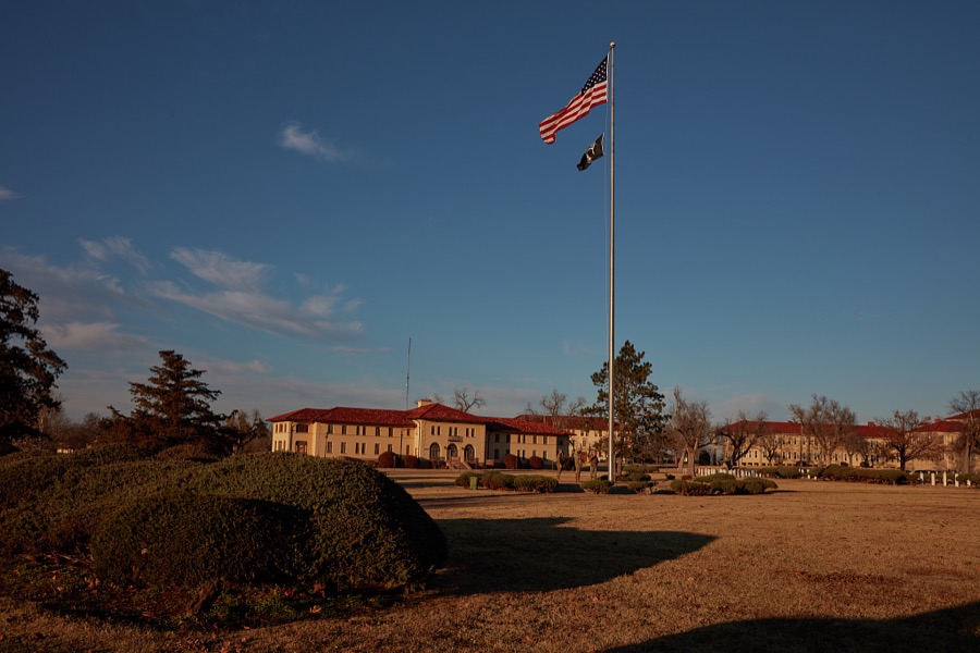 Preparations for the daily sunset lowering of the American flag at Fort Sill, an extensive United States Army post north of Lawton, Oklahoma