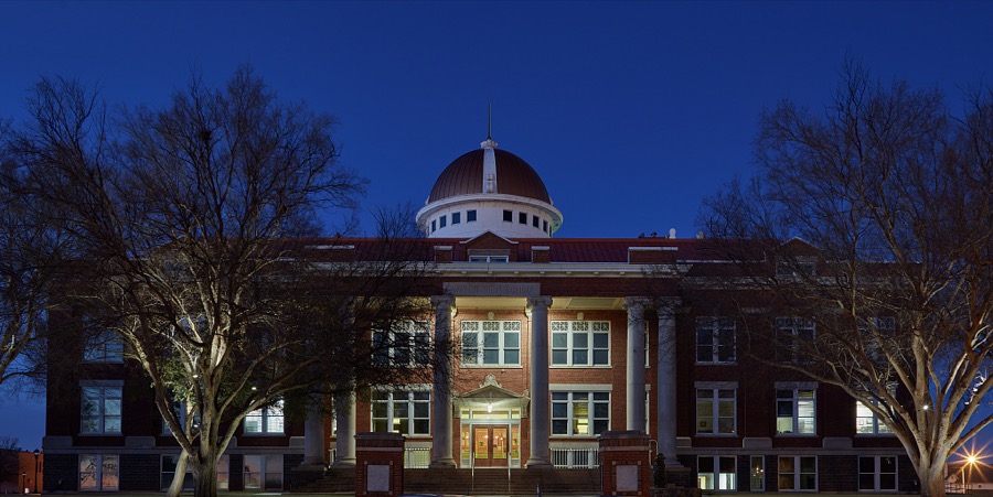 Sunset at City Hall in Lawton, a city on the southern plains of Oklahoma, near the Texas border