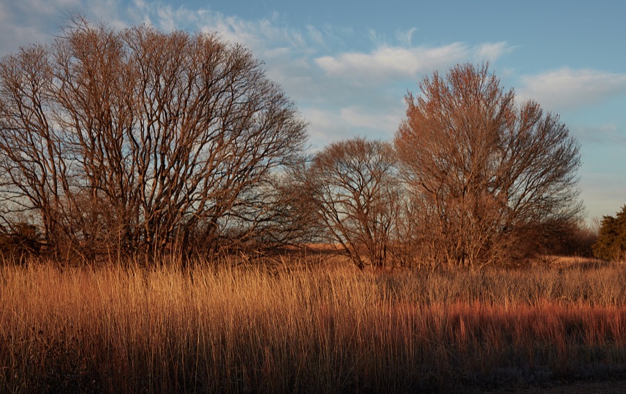 The sun sets on the grasses and trees at Fort Sill, an extensive United States Army post north of Lawton, Oklahoma
