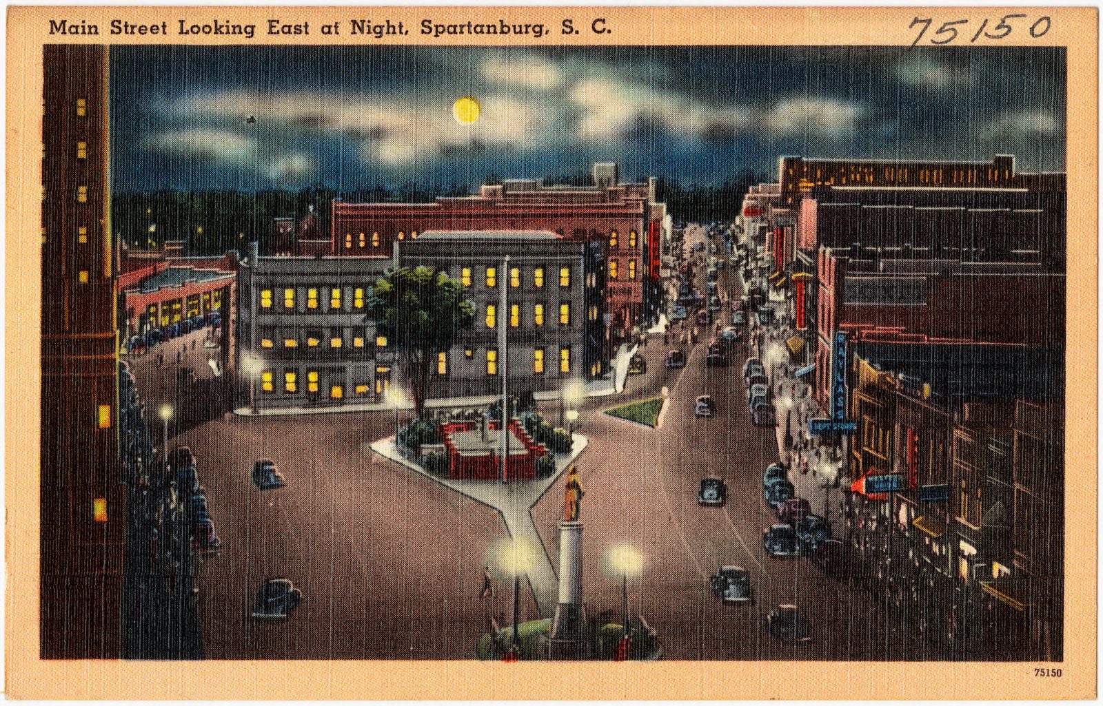 Main Street looking east at night, Spartanburg, S. C., Boston Public Library - undated