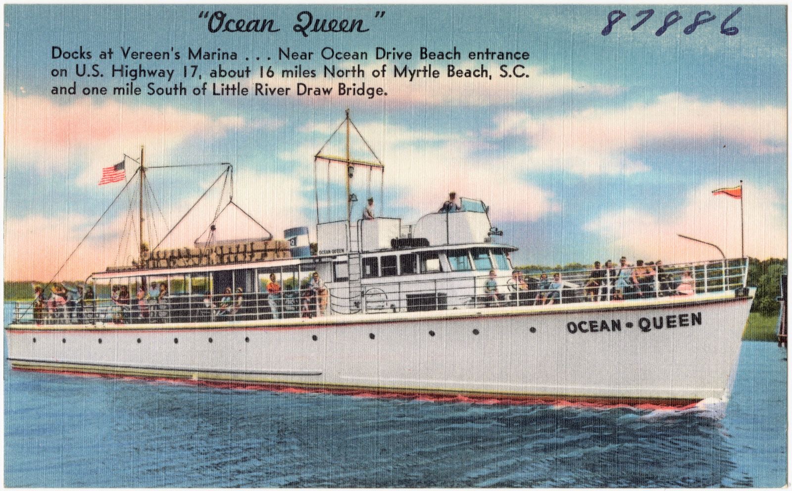 "Ocean Queen", docks at Vereen's Marina... near Ocean Drive Beach entrance on U.S. Highway 17, about 16 miles north of Myrtle Beach, S. C. and one mile south of Little River Draw Bridge., Boston Public Library - undated