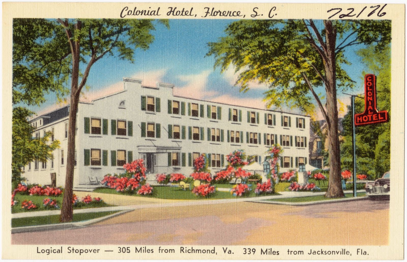Colonial Hotel, Florence, S. C., logical stopover -- 305 miles from Richmond, Va., free golfing, 339 miles from Jacksonville, Fla., Boston Public Library - undated