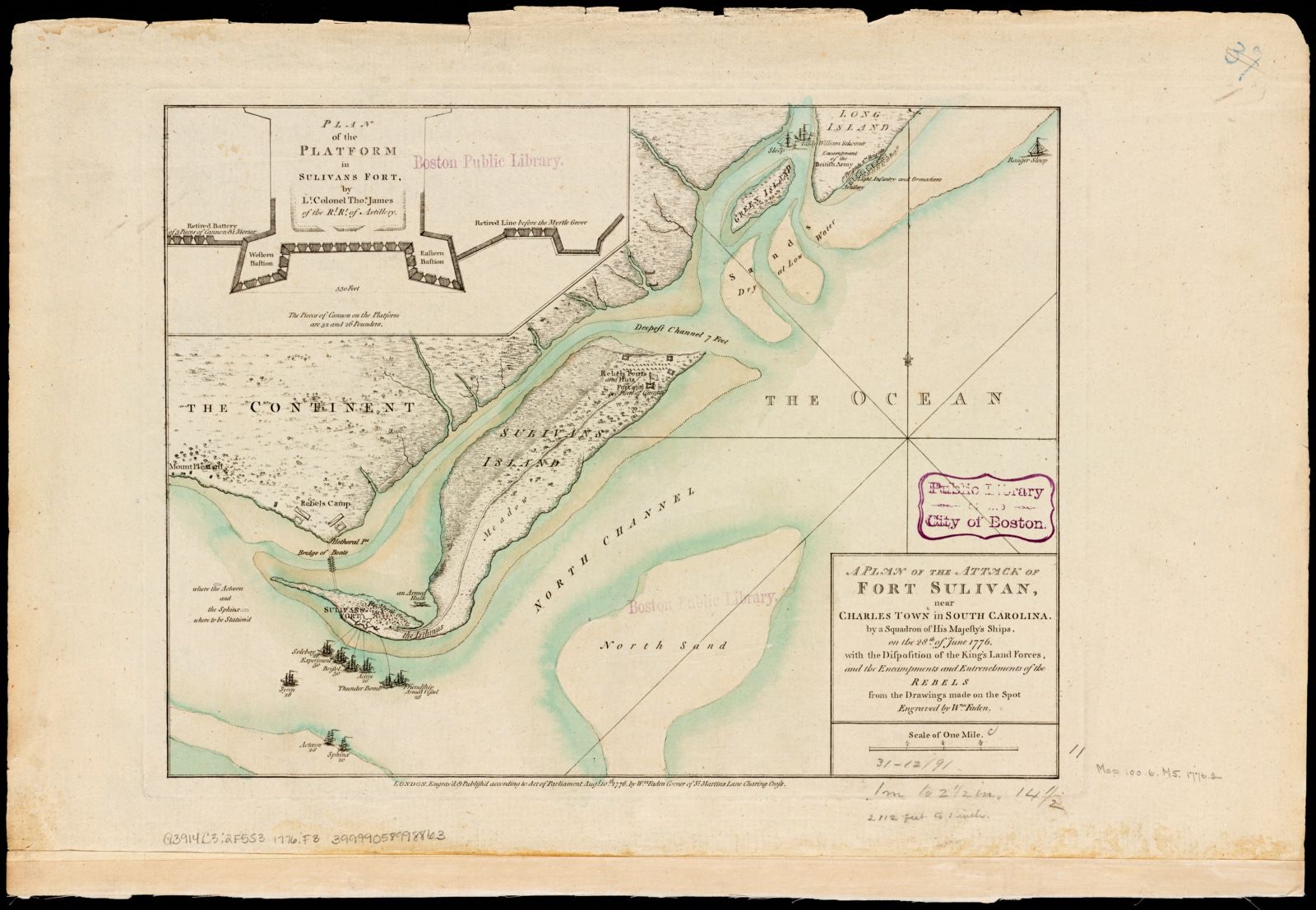 A plan of the attack of Fort Sulivan, near Charles Town in South Carolina by a squadron of His Majesty's ships, on the 28th of June 1776, with the disposition of the King's land forces, and the encampments and entrenchments of the rebels from the drawings made on the spot, Boston Public Library - undated