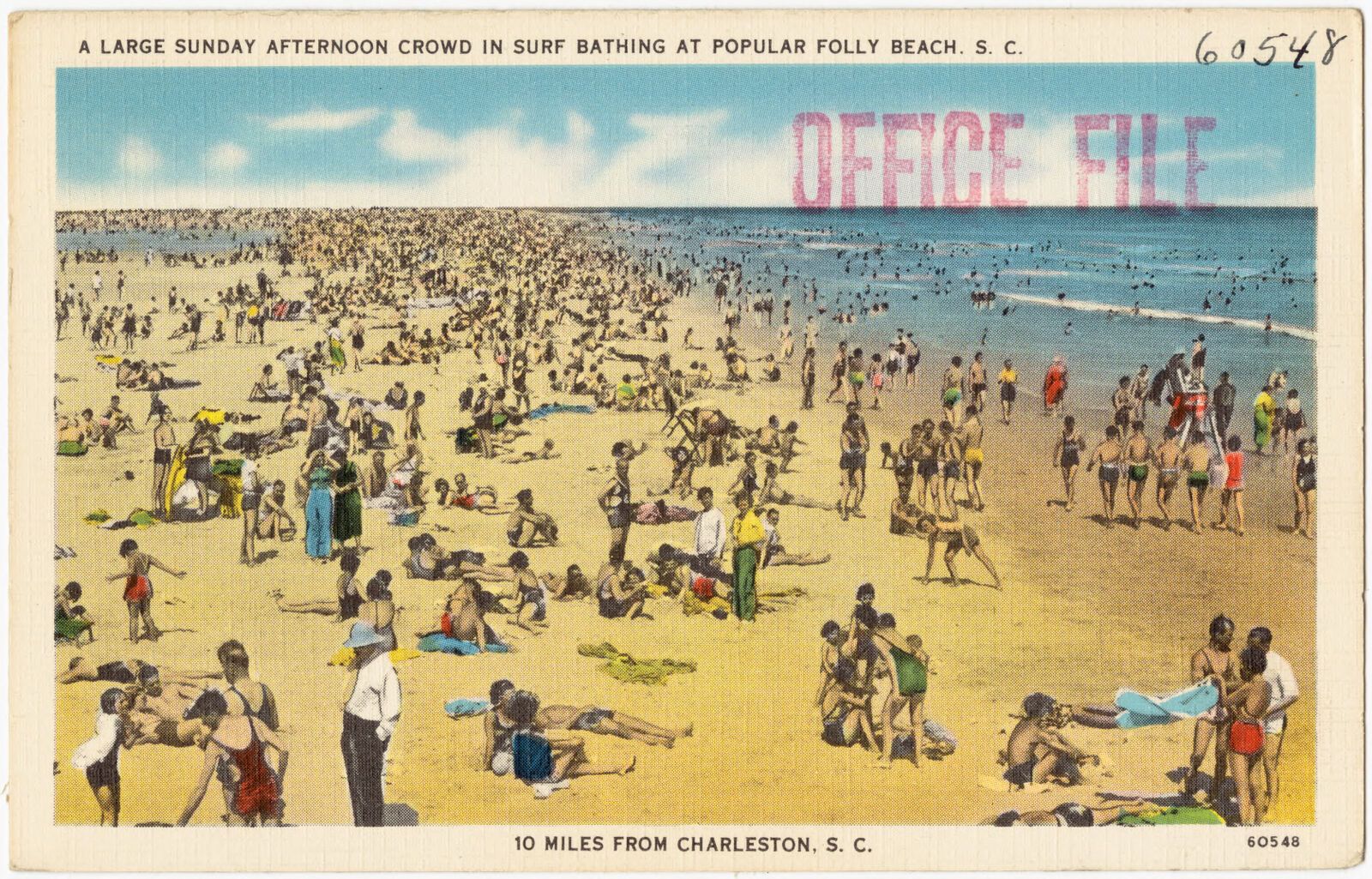 A large Sunday afternoon crowd in surf bathing at popular Folly Beach, S. C., 10 miles from Charleston, S. C., Boston Public Library - undated
