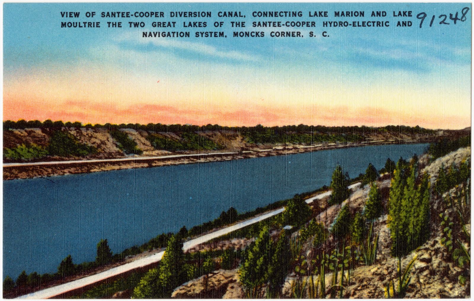 View of Santee-Cooper diversion canal, connecting Lake Marion and Lake Moultrie the two great lakes of the Santee-Cooper Hydro-Electric and Navigation System, Moncks Corner, S. C., Boston Public Library - undated