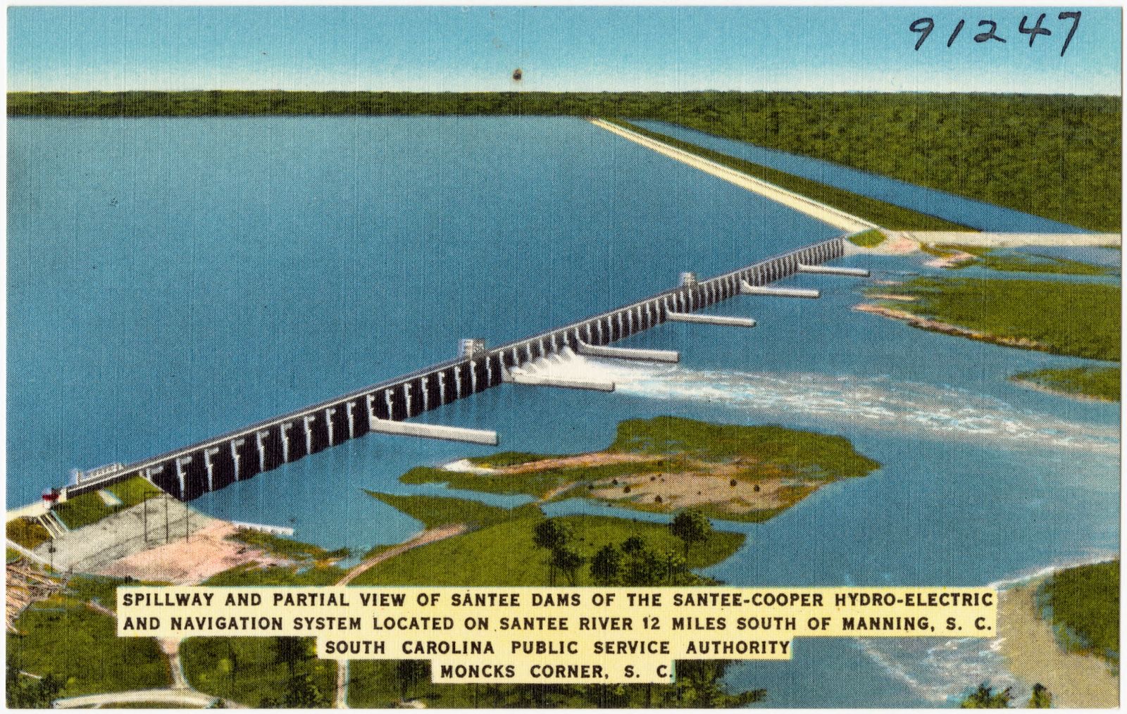 Spillway and partial view of Santee Dams of the Santee-Cooper Hydro-Electric and Navigation System located on Santee River 12 miles south of Manning, S. C. South Carolina Public Service Authority, Moncks Corner, S. C., Boston Public Library - undated