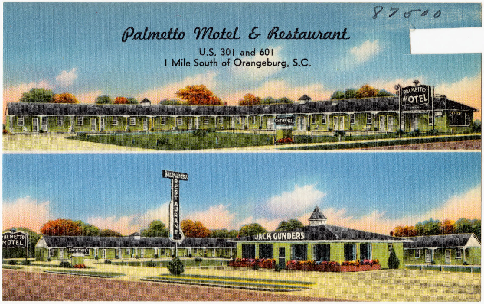 Palmentto Motel & Restaurant, U.S. 301 and 601, 1 mile south of Orangeburg, S. C., Boston Public Library - undated