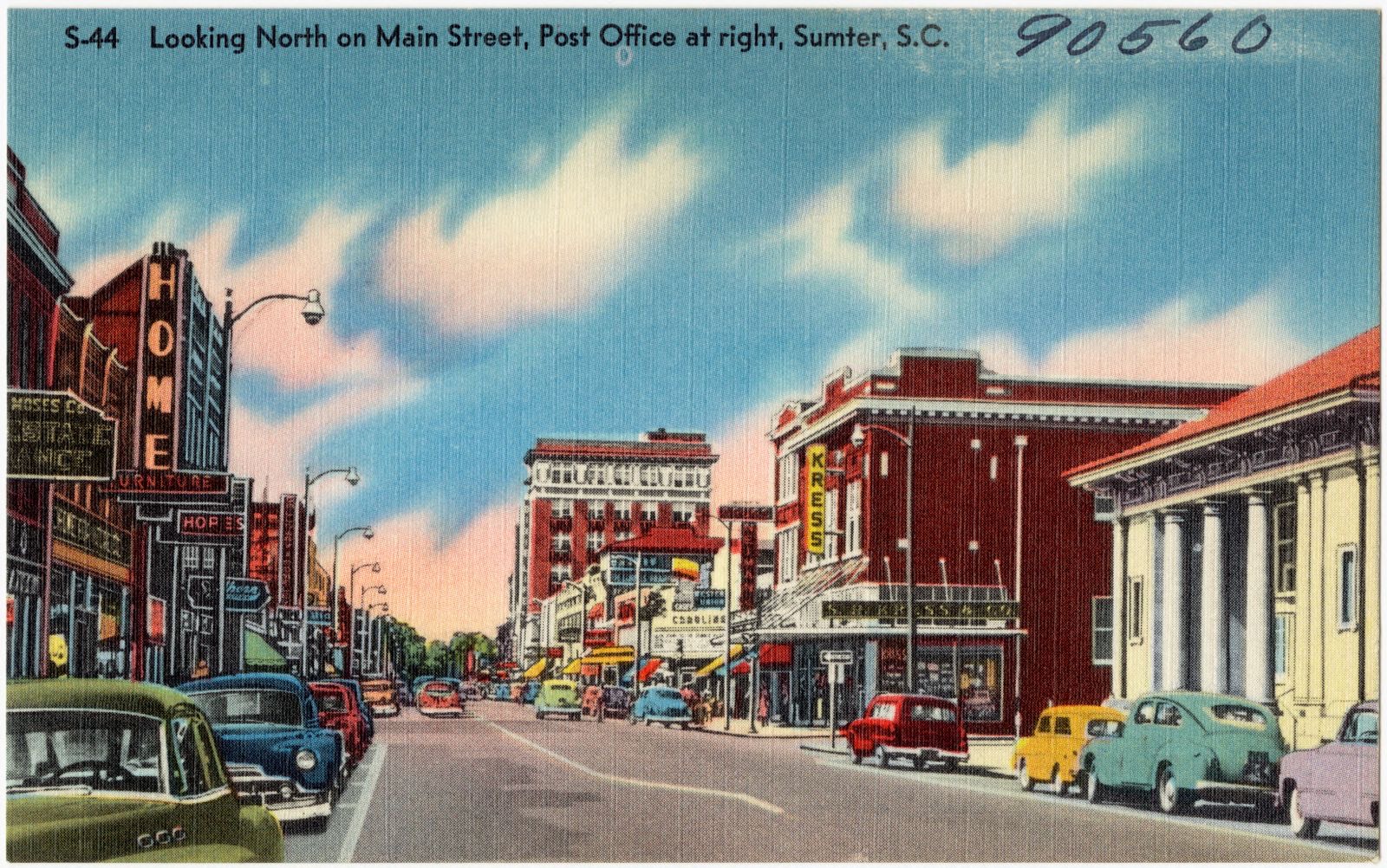 S-44. Looking north on Main Street, post office at right, Sumter, S. C., Boston Public Library - undated