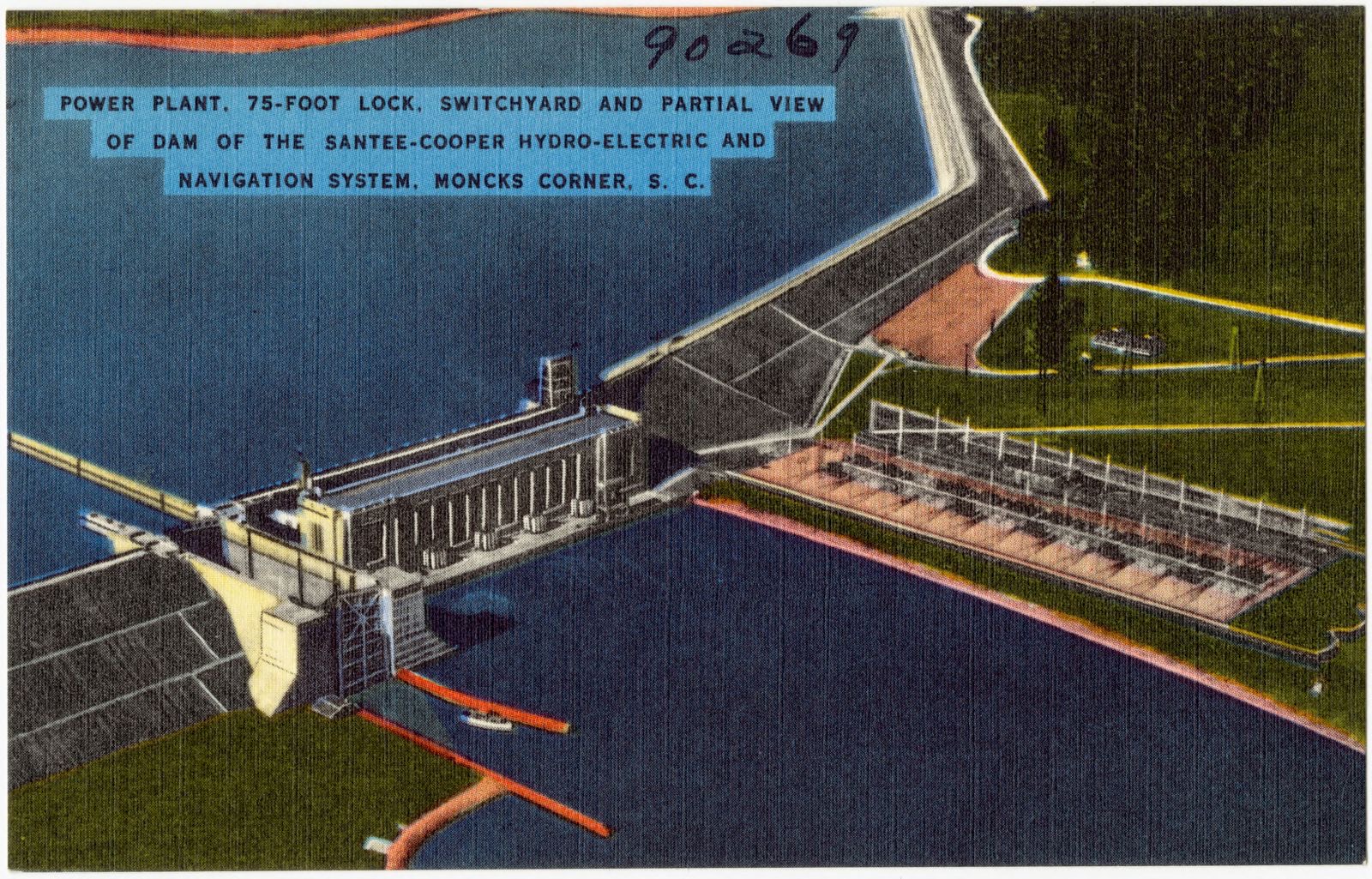 Power plant. 75-foot lock, switchyard and partial view of dam of the Santee-Cooper Hydro-Electric and Navigation Systems, Moncks Corner, S. C., Boston Public Library - undated
