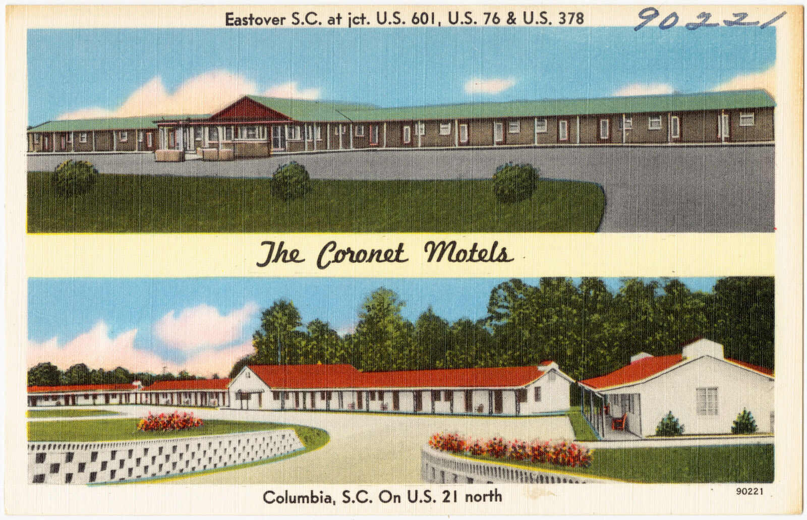 The Coronet Motels, Eastover S. C. at jct. U.S. 76 & U.S. 378, Columbia, S. C. on U.S. 21 north, Boston Public Library - undated