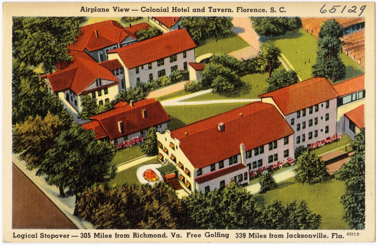 Airplane view -- Colonial Hotel and Tavern, Florence, S. C., logical stopover -- 305 miles from Richmond, Va., free golfing, 339 miles from Jacksonville, Fla., Boston Public Library - undated