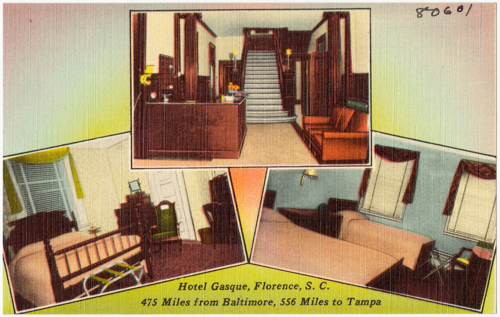 Hotel Gasque, Florence, S. C., 475 miles from Baltimore, 556 miles to Tampa, Boston Public Library - undated