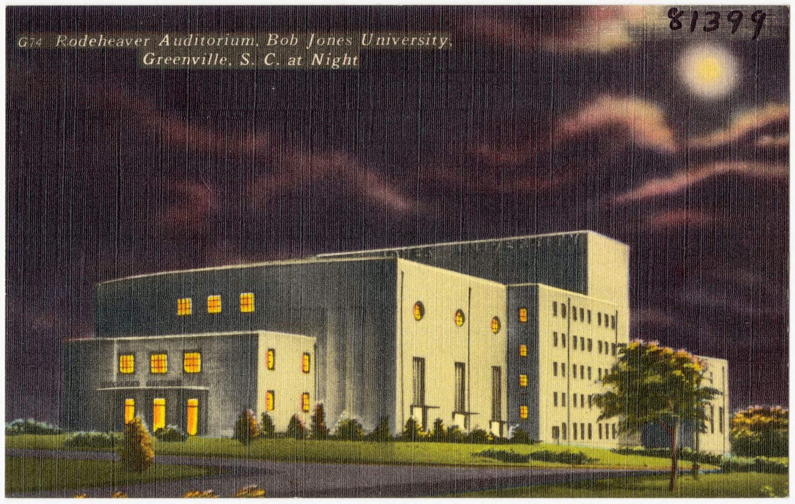 Rodeheaver Auditorium, Bob Jones University, Greenville, S. C. at night, Boston Public Library - undated