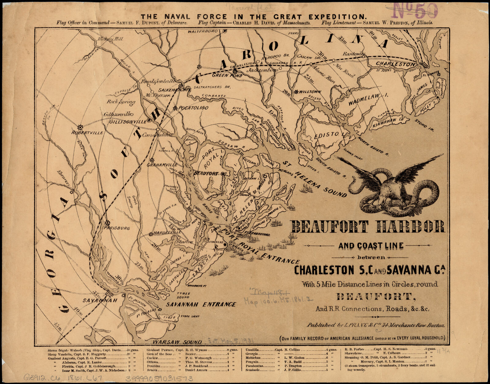 Beaufort Harbor and coast line between Charleston S.C. and Savanna Ga with 5 mile distance lines in circles round Beaufort and R. R. connections, roads, &c. &c, Boston Public Library - undated