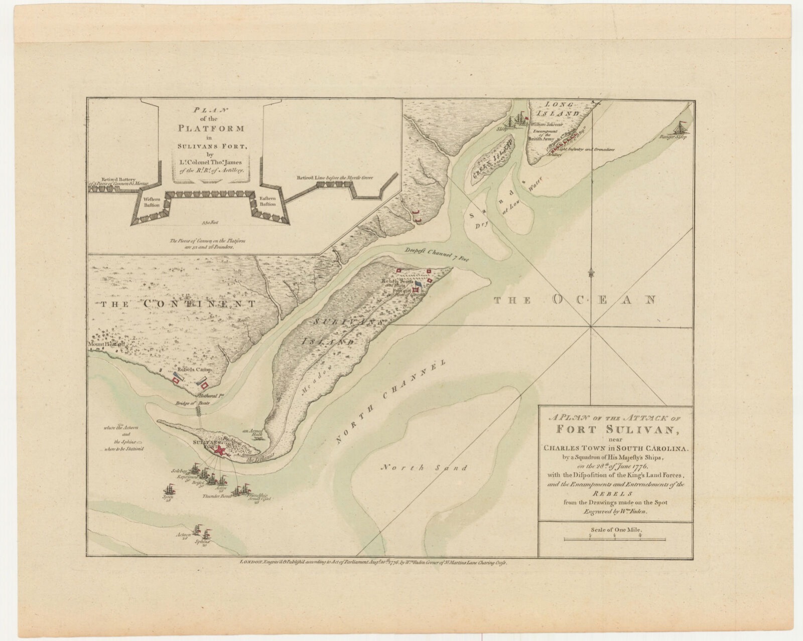 A plan of the attack of Fort Sulivan, near Charles Town in South Carolina, by a squadron of His Majesty's ships, on the 28.th of June 1776 with the disposition of the king's land forces, and the encampments and entrenchments of the rebels from the drawings made on the spot, MacLean Collection Map Library - undated