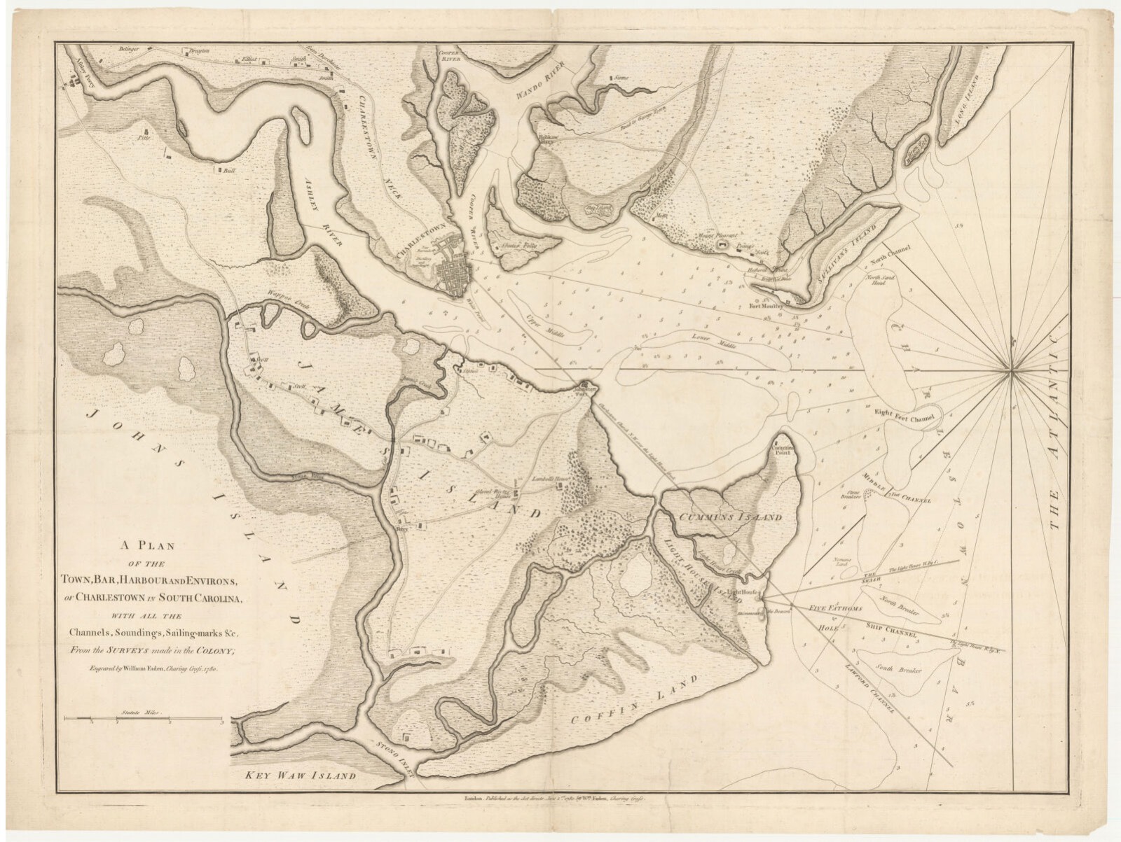 A plan of the town, bar, harbour and environs, of Charlestown in South Carolina, with all the channels, soundings, sailing-marks &c. from the surveys made in the colony, MacLean Collection Map Library - undated