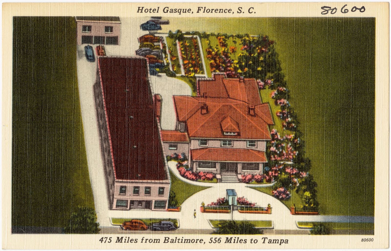Hotel Gasque, Florence, S. C., 475 miles from Baltimore, 556 miles to Tampa, Boston Public Library - undated