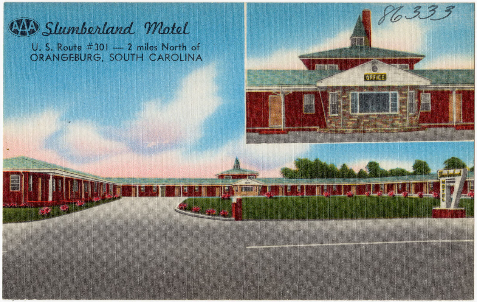 Slumberland Motel, U.S. Route #301 -- 2 miles north of Orangeburg, South Carolina, Boston Public Library - undated