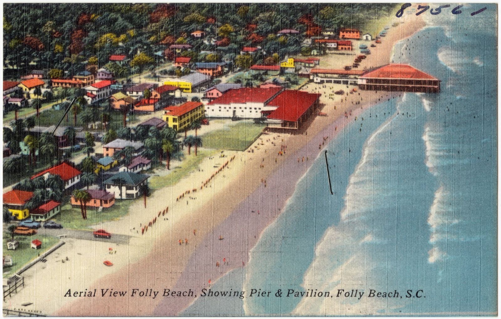 Aerial view Folly Beach, showing pier & pavilion, Folly Beach, S. C., Boston Public Library - undated