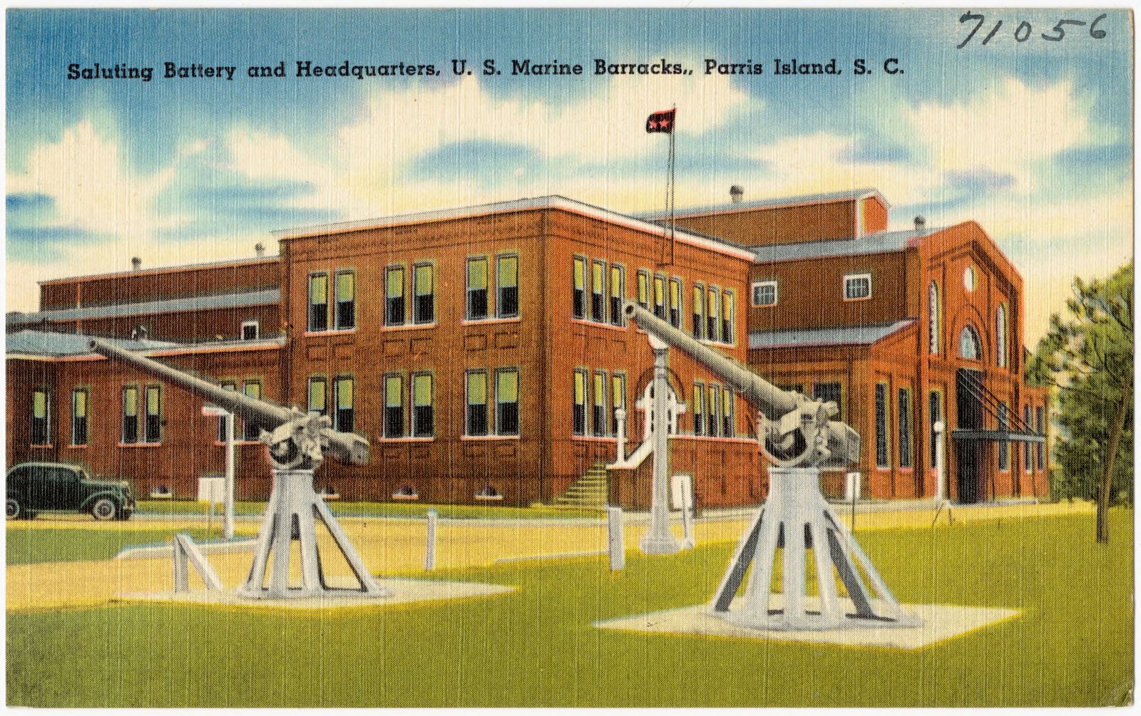 Saluting Battery and Headquarters, U.S. Marine Barracks, Parris Island, S. C., Boston Public Library - undated