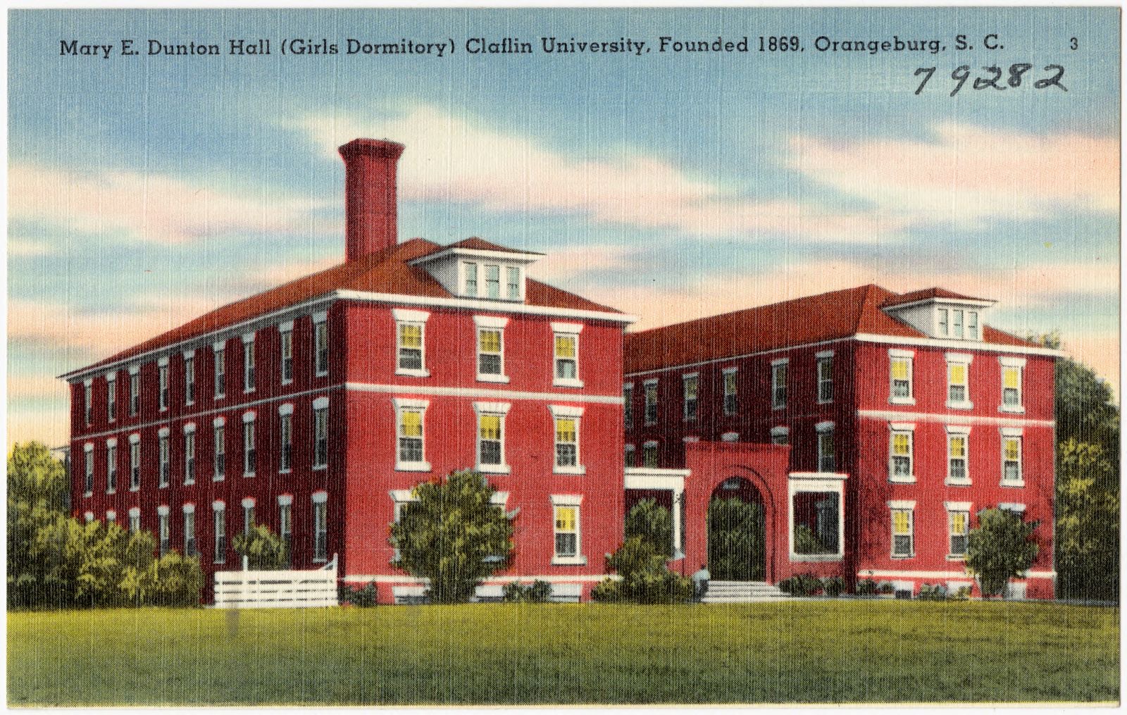 Mary E. Dunton Hall (girls dormitory) Claflin University, founded 1869, Orangeburg, S. C., Boston Public Library - undated