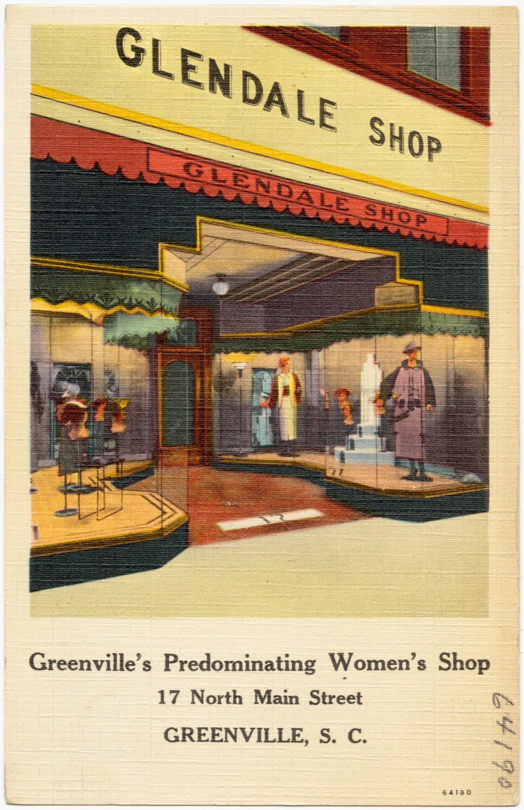 Glendale Shop, Greenville's predominating women's shop, 17 North Main Street, Greenville, S. C., Boston Public Library - undated