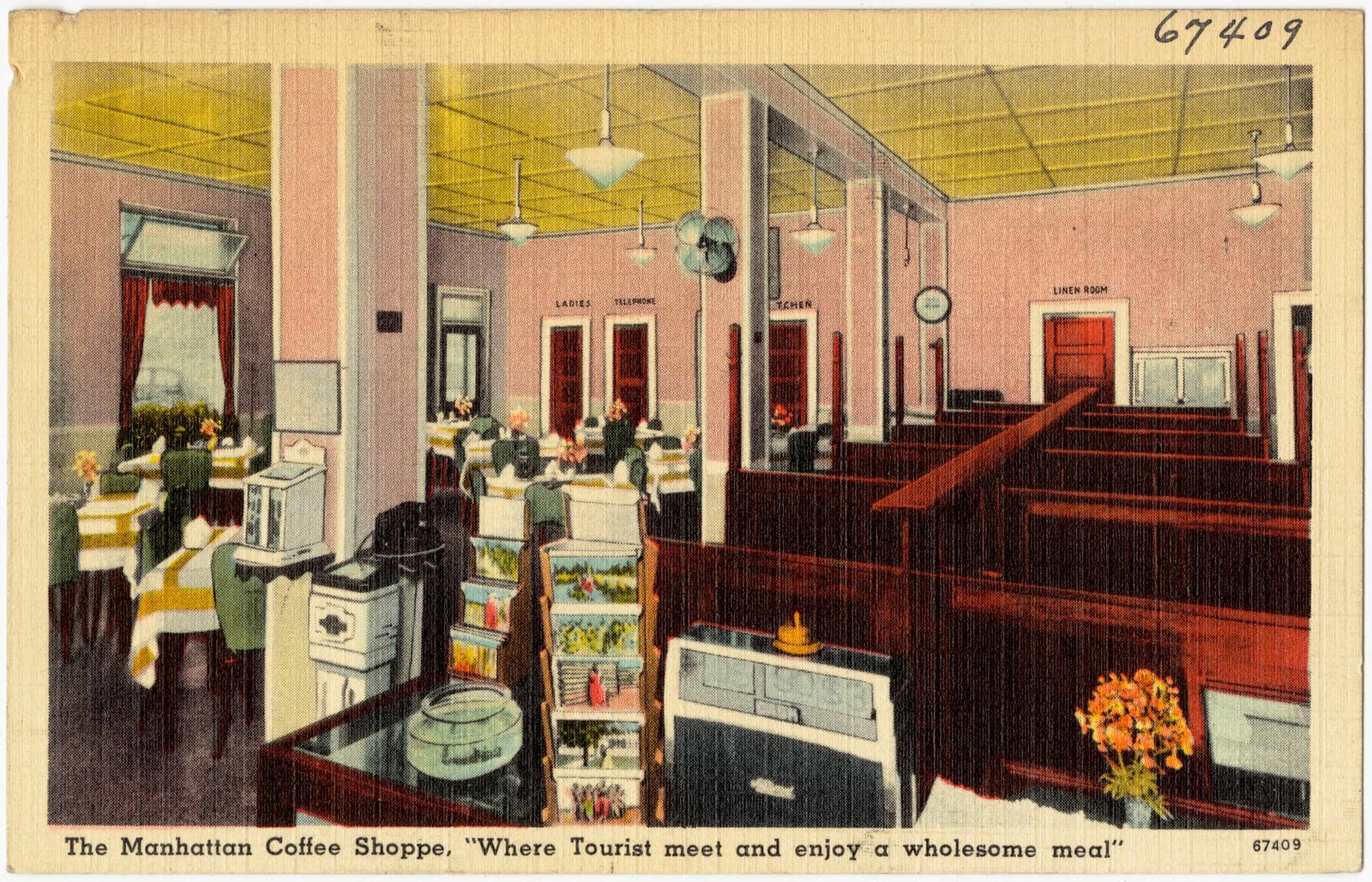 The Manhattan Coffe Shoppe, "Where tourist meet and enjoy a wholesome meal", Boston Public Library - undated