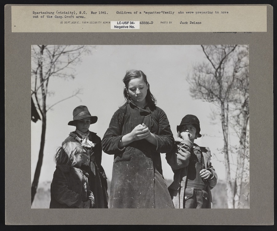 Children of a "squatter" family who were preparing to move out of the Spartanburg Army camp area. Near Whitestone, South Carolina region