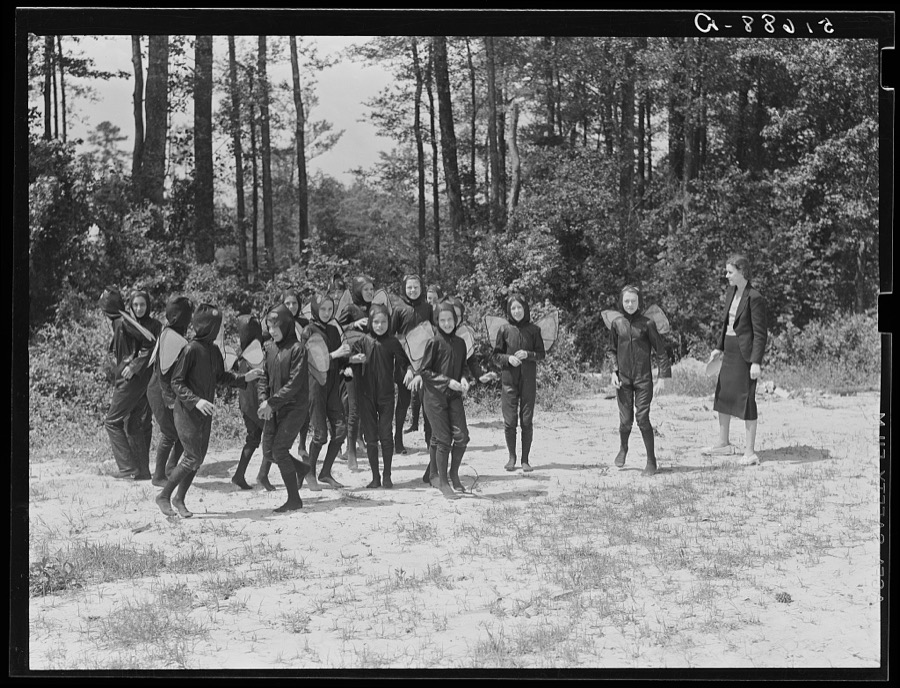 Sixth and seventh grades rehearsing their play "Flies," written by NYA (National Youth Administration) girls for May Day-Health Day program at Ashwood Plantations, South Carolina